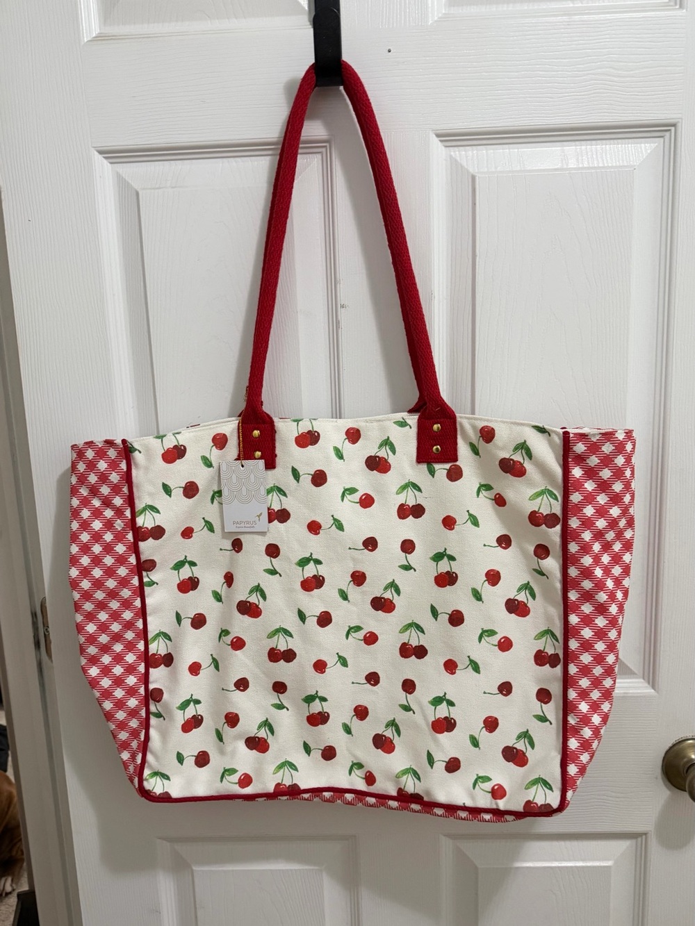 Papyrus Cherry Print Canvas Tote Bag with Red Accents